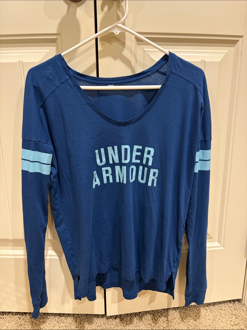 Under Armour Women's Deep Blue Long Sleeve Top with Light Blue Logo